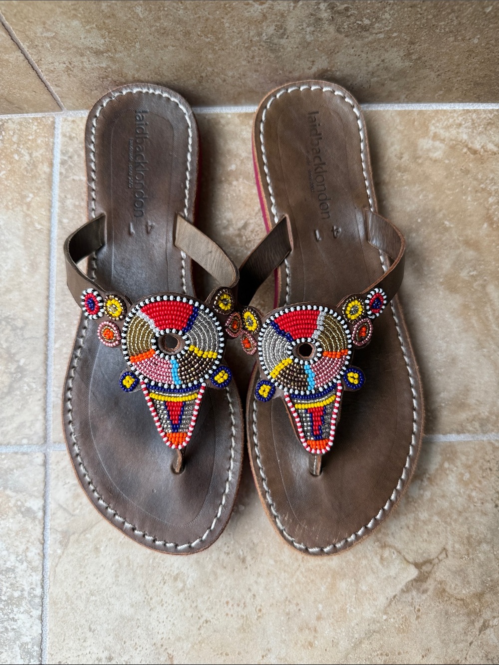 Anthropologie Laidback London Shibli Flip Flop Sandals Leather Beaded Size 41 - Picture 5 of 14